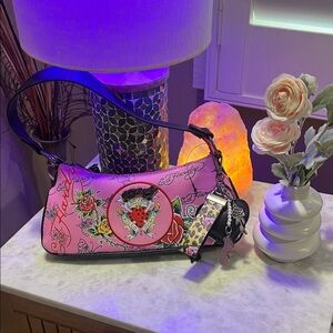 Ed Hardy Pink Tattoo-Print Shoulder Bag with Rose Heart Motif